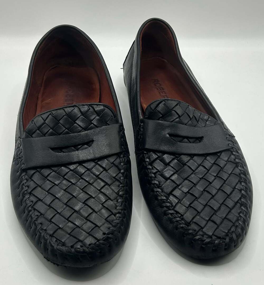 Robert Zur Black Woven Leather Penny Loafers Size 9.5M